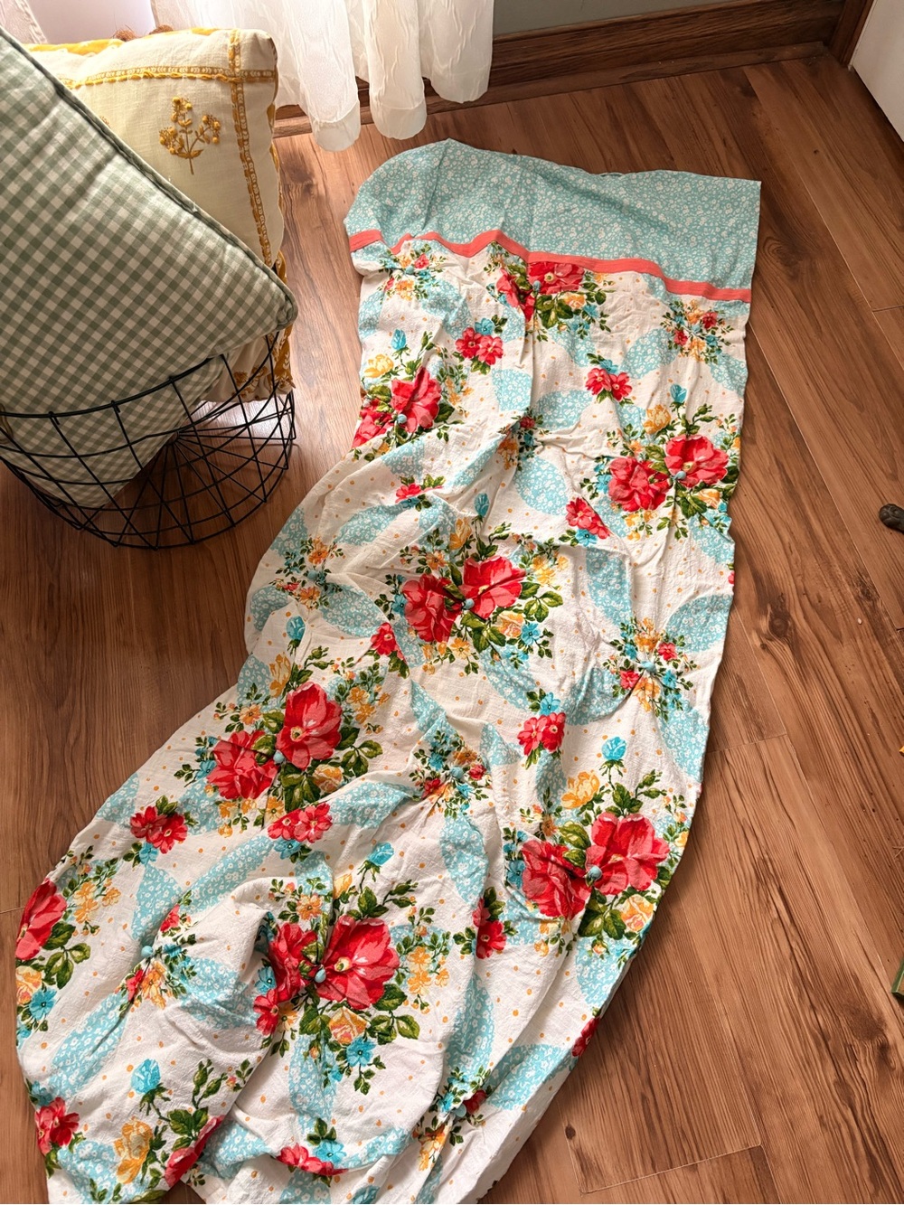 The Pioneer Woman Floral Patchwork Shower Curtain in White, Aqua, Red